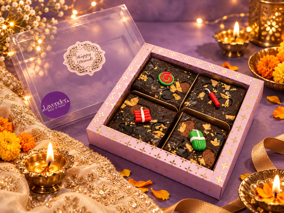 Diwali Brownie Hamper with four decorated chocolate brownies