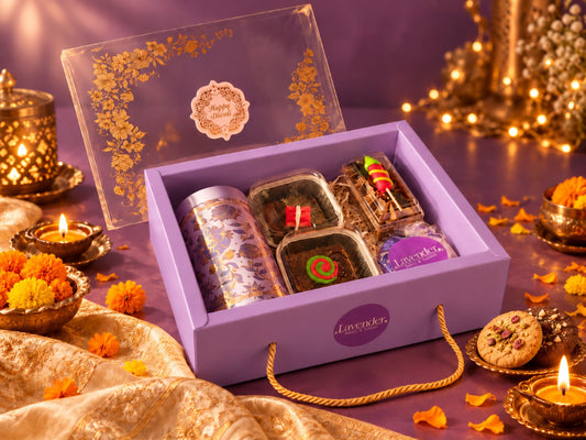 Diwali Celebration Dessert Hamper with brownies, mousse, chocolates, cookies and festive lavender packaging