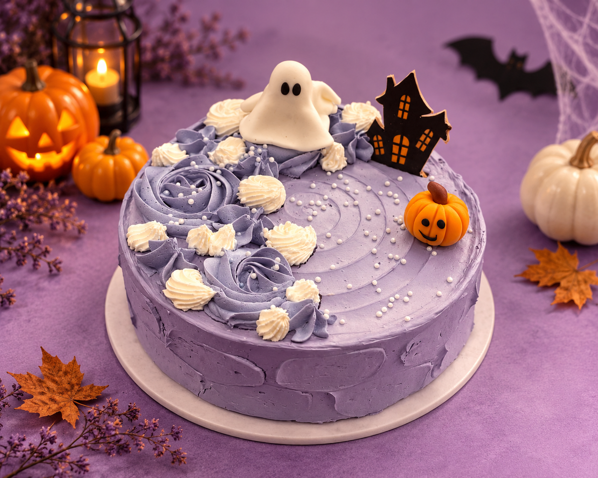 Lavender Haunted Halloween Cake with Halloween decorations