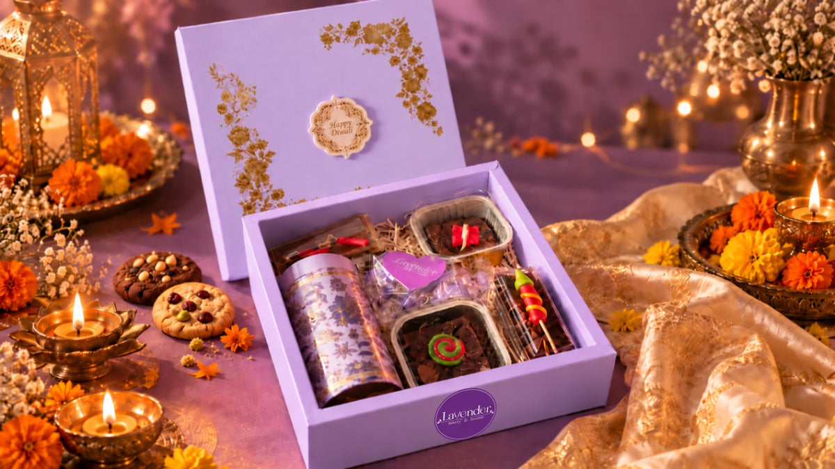 Luxury Diwali Dessert Hamper with cookies, brownies, mousse tubs and chocolates