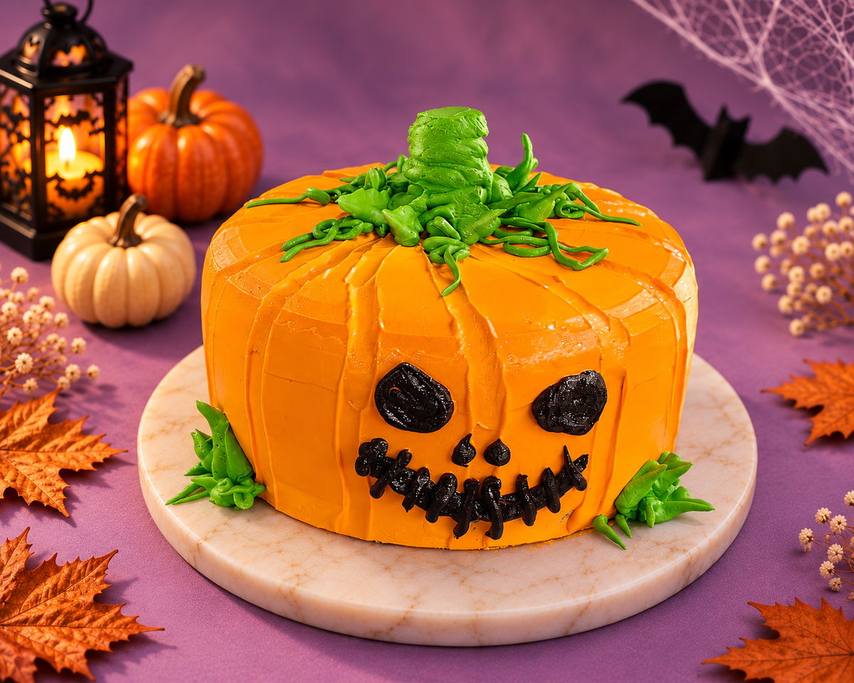 Pumpkin Halloween Swiss Chocolate Cake decorated as a jack-o'-lantern on a lavender marble board