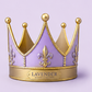 A product lineup graphic showing lavender and silver party accessories on a light lavender background, including a gold and lavender crown, lavender snow spray cans, a silver tiara, a lavender party popper, a lavender spiral candle, and two silver sparkles.