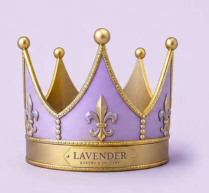 A product lineup graphic showing lavender and silver party accessories on a light lavender background, including a gold and lavender crown, lavender snow spray cans, a silver tiara, a lavender party popper, a lavender spiral candle, and two silver sparkles.
