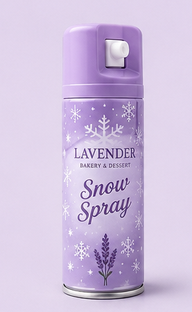 A product lineup graphic showing lavender and silver party accessories on a light lavender background, including a gold and lavender crown, lavender snow spray cans, a silver tiara, a lavender party popper, a lavender spiral candle, and two silver sparkles.