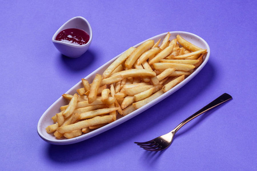Golden and crispy Salted Fries served with tomato ketchup