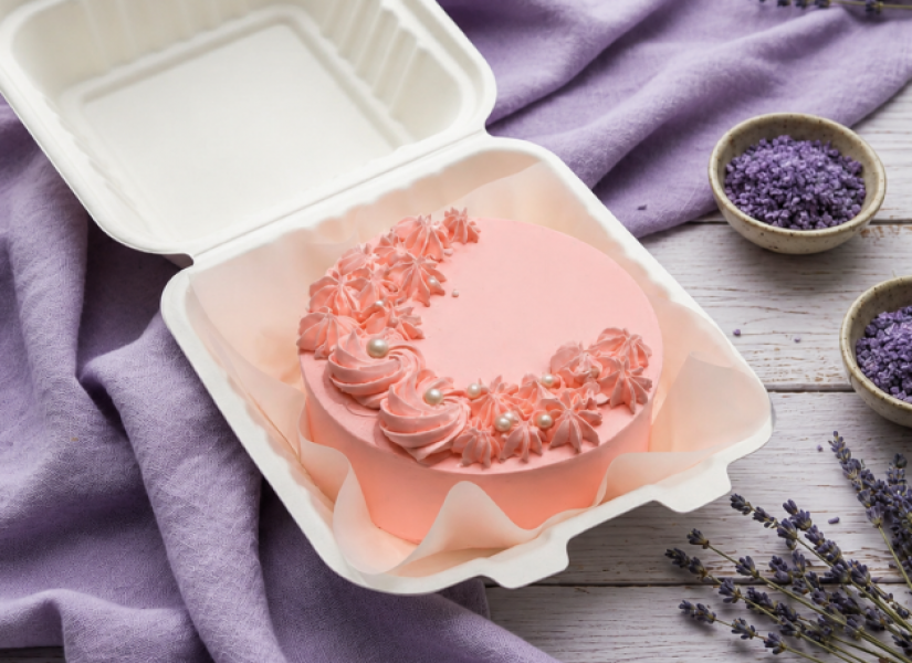 Classic Swiss Chocolate Bento Cake with pink frosting and delicate floral decorations, presented in a white bento box.